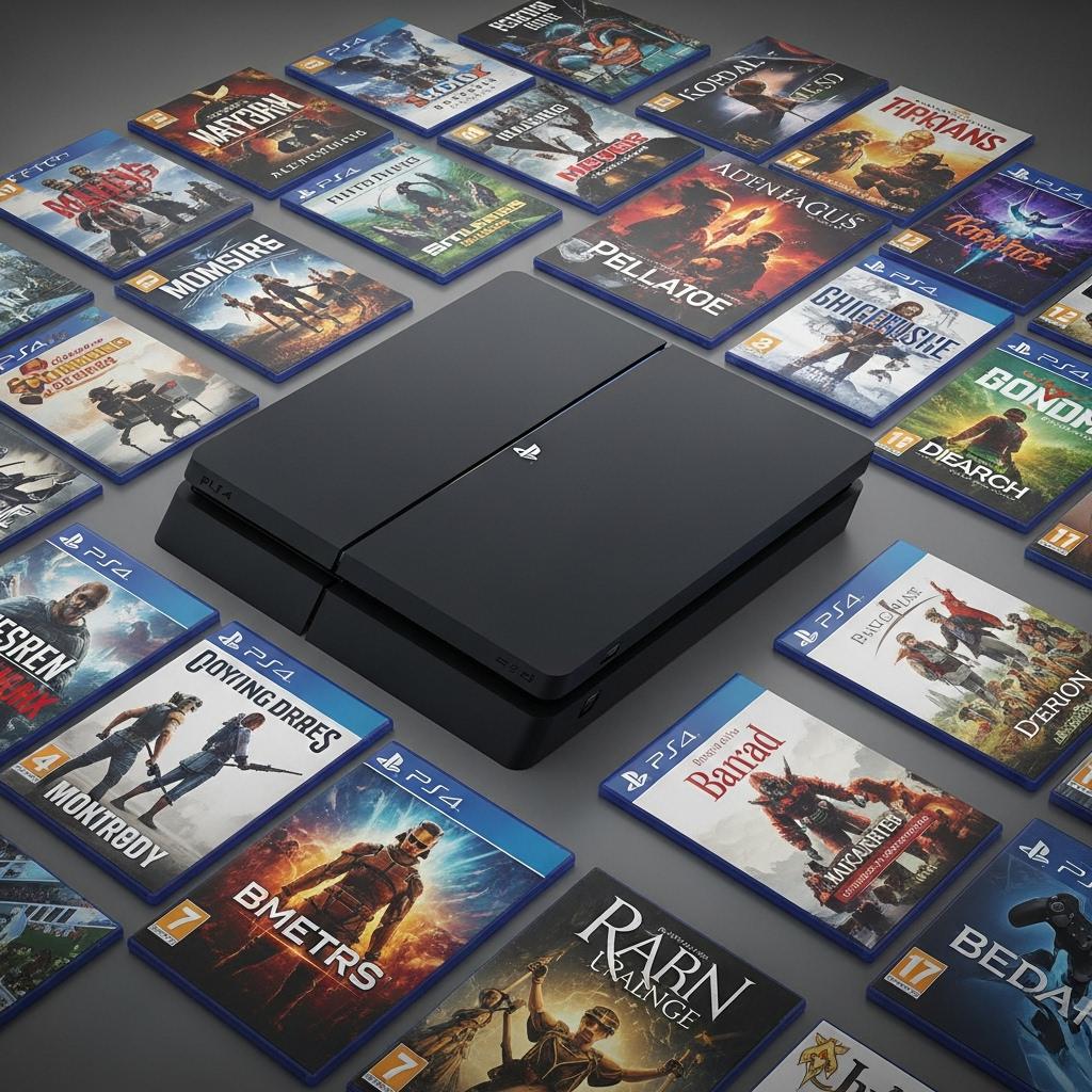 کنسول PS4 مشکی براق در کنار مجموعه‌ای رنگارنگ از کاور بازی‌های ویدیویی متنوع، از جمله عناوین اکشن، نقش‌آفرینی و شبیه‌سازی، که نشان‌دهنده تنوع تجربیات گیمینگ این پلتفرم است.